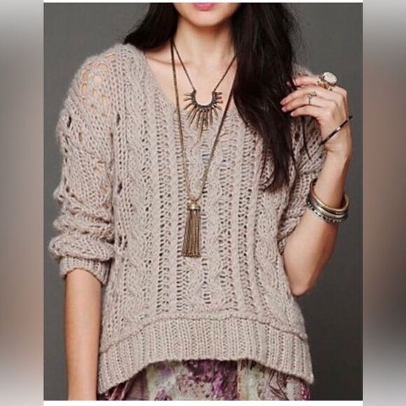 FREE PEOPLE Sweater MED Womens Open Stitch Chunky Knit Scoop Neck Wool Blend - Picture 1 of 9